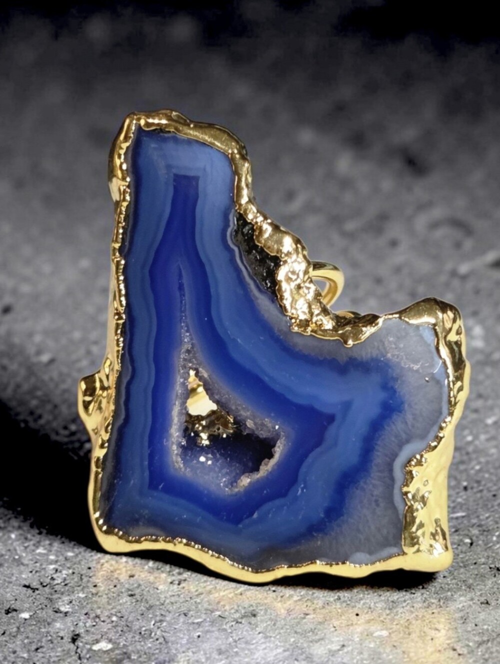 18k Gold Plated Artisan Blue Agate Sugar Geode Oversized Statement Ring